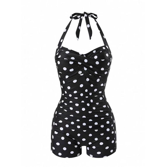UTSJKR Women One Piece Swimsuits with Shorts Polka Dots Print Tummy Control Retro Bathing Suit Halter Boyleg Swimwear for Beach Vacation Black L