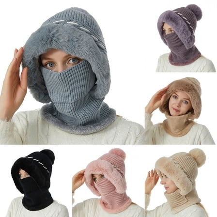 UTSJKR Women One-Piece Winter Warm Beanie Hats Fleece Lined Knit Cap Balaclavas Mask Set Skull Neck Scarf with Pompom Beige
