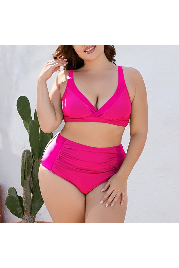 Women Plus Size Bikini Tummy Control Swimsuits Two Piece Bathing Suits High Waisted Swimwear Summer Vacation Swimsuit Hot Pink XXL