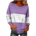 thumbnail image 1 of UTSJKR Women Raglan Sleeve Shirt Casual Trendy Sequin Sparkly Crewneck Sweatshirts Fashion Color Contrast Pullover Tops Purple S, 1 of 8