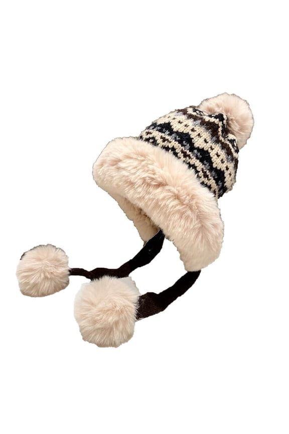 Women Retro Fair Isle Jacquard Earflap Knit Hat, Plush Thick Warm Cotton Material, Cold Resistant Outdoor Leisure Winter Ladies Head Cap Black