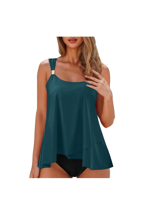 Women Ruffle High Waisted Tankini Swimsuit Tummy Control Bathing Suit 2025 Flowy Loose Fit Tankini Top with Bikini Bottom Dark Blue M