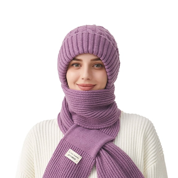 UTSJKR Women All Season Integrated Knit Hat Scarf Combo, Super Thick Fleece Lined Neck Warmer, Windproof Thermal Warm Hooded Beanie for Winter Outdoor Activities Purple
