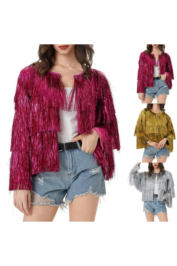 Women Sequin Tassel Cardigan Spring Summer Long Sleeve Sparkly Party Dance Jacket Thin Tinsel Jacket for Festival Carnival Silver L
