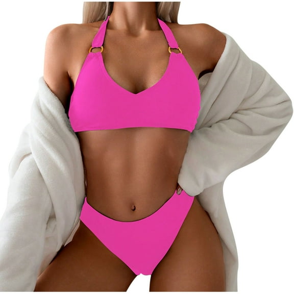 UTSJKR Women Sexy Bikini Set Push-Up Padded Swimwear Swimsuit Bathing Bandage Beachwear Sexy Backless Strap Bikini Swimsuit Hot Pink M