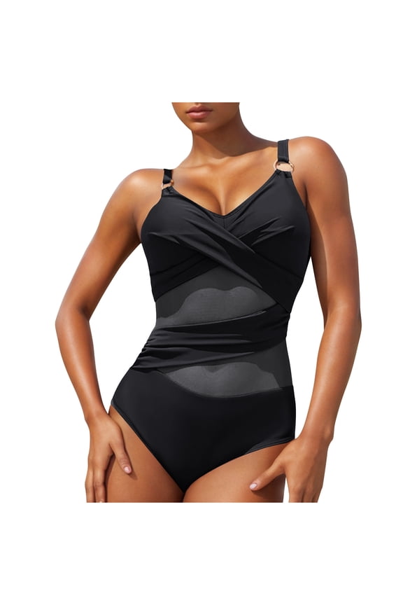 Women Sexy Tummy Control Swimsuit Crisscross Wrap Ruched Push Up High Waisted Bathing Suit See Through Mesh Style Cross Twist Front Swimwear Black XXL