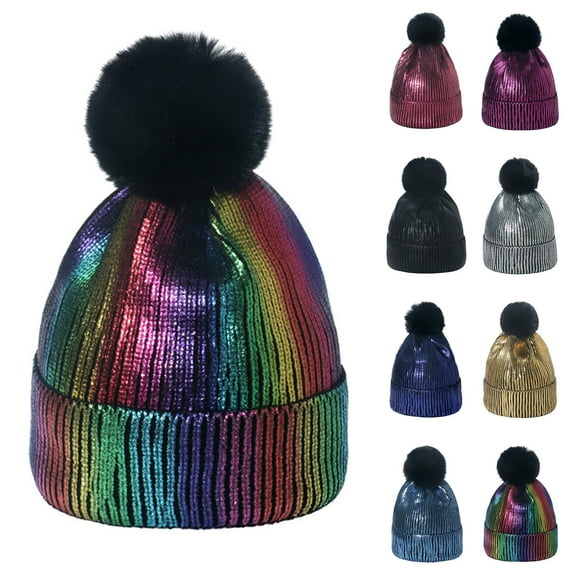 UTSJKR Women Skullies Beanie Hat, Winter Warm Glitter Sequin Knitting Bronzing Pom Pom Cap for Ladies Girls Dark Blue