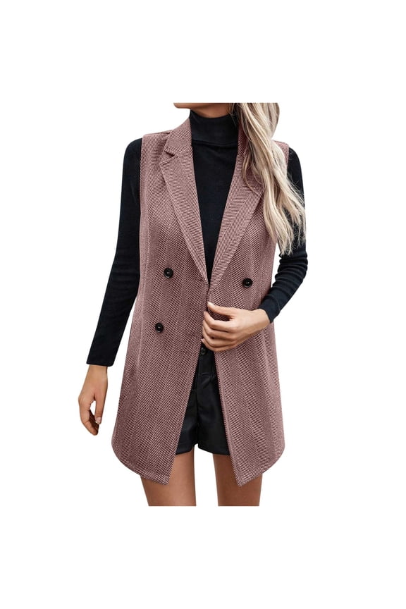 Women Sleeveless Wool Jackets Casual Dressy Blazer Waistcoats Mid Length Lapel Vest Jacket Work Outfits Red S