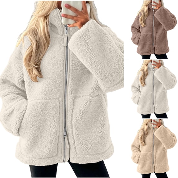 UTSJKR Women Soft Sherpa Fleece Teddy Coat High Stand Collar Full Zip Up Loose Casual Thick Warm Jacket with Side Pockets White S