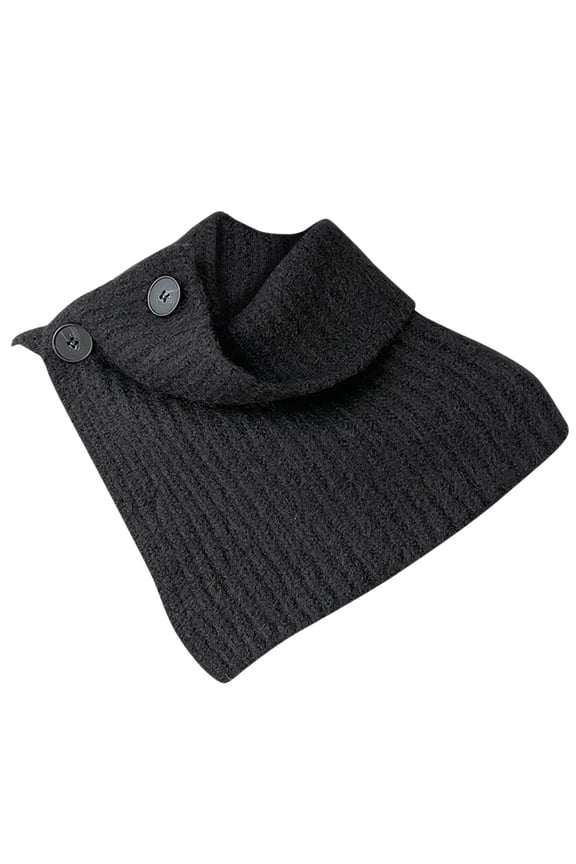 Women Solid Color Ribbed Knit Faux Collar Neck Guard Winter Triangular Turtleneck Scarf Shawl with Buttons Black