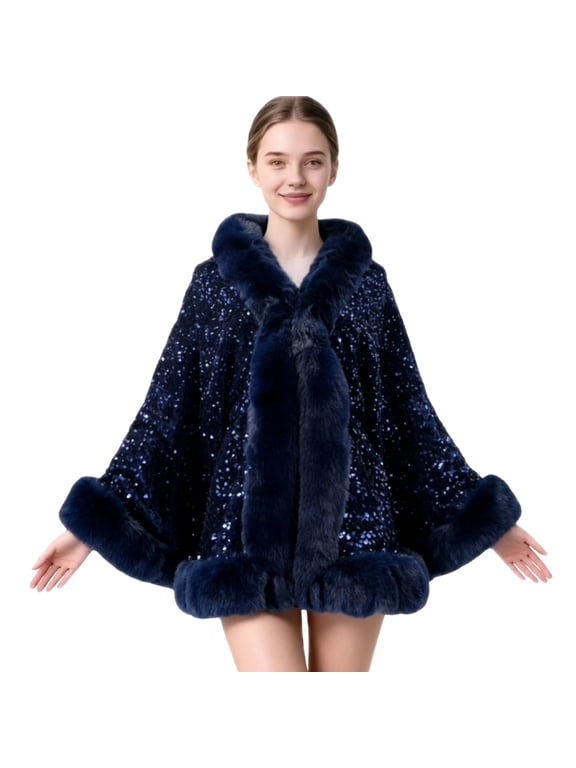 Women Sparkly Sequin Faux Fur Trim Hooded Poncho Cape Open Front Wrap Coat for Evening Prom Holiday Party Wear Navy