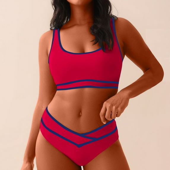 UTSJKR Women Sporty Bikini Sets 2025 High Waisted Two Piece Swimsuits Color Block Cheeky High Cut Bathing Suits Red XXL