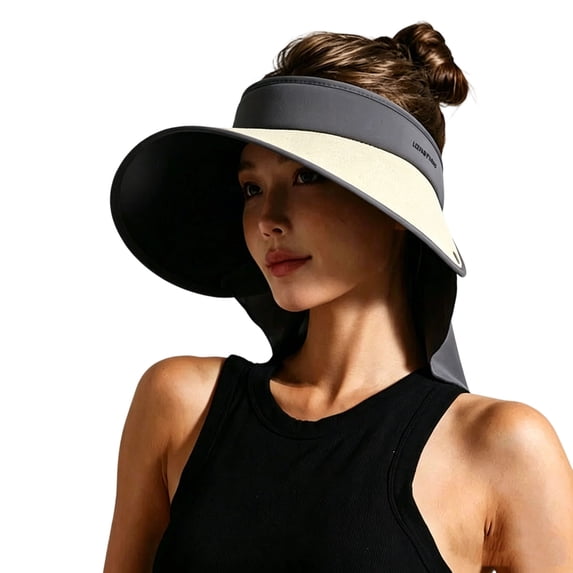 UTSJKR Women Summer Outdoor UV Protection Straw Sun Visor Hat, Wide Brim Neck Flap Design, Adjustable Tie Band Breathable Beach Travel Sunshade Cap Beige