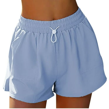 UTSJKR Women Summer Shorts High Waist Drawstring Elastic Waist Solid Color Beach Shorts with Pockets Comfy Loose Fit Sports Shorts Blue M