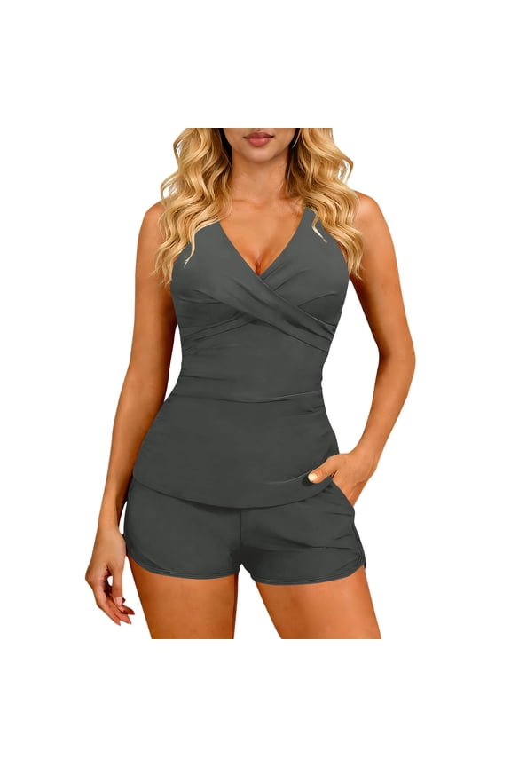 Women Tankini Swimsuits with Shorts - Two Piece Tummy Control Bathing Suits Top with Two Pockets Bottom Swimwear Gray M