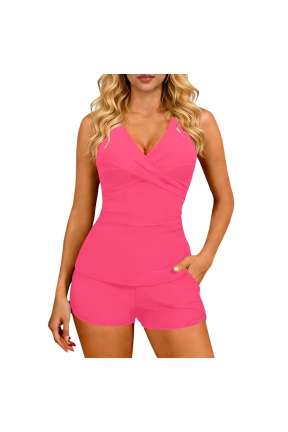 Women Tankini Swimsuits with Shorts - Two Piece Tummy Control Bathing Suits Top with Two Pockets Bottom Swimwear Hot Pink XXL