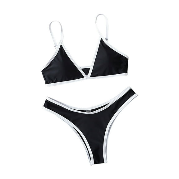 UTSJKR Women Triangle High Cut Bikini Sets Color Block Split Style Sexy High Waisted Thong String 2 Piece Swimsuit Black L