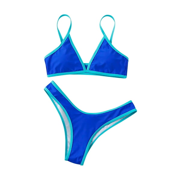 UTSJKR Women Triangle High Cut Bikini Sets Color Block Split Style Sexy High Waisted Thong String 2 Piece Swimsuit Blue L