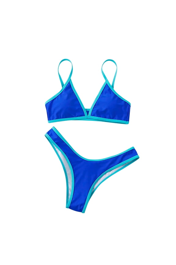 Women Triangle High Cut Bikini Sets Color Block Split Style Sexy High Waisted Thong String 2 Piece Swimsuit Blue S