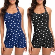 UTSJKR Women Tummy Control One Piece Swimsuits with Shorts Boyleg Polka Dot Retro Bathing Suit Halter Swimwear Black M