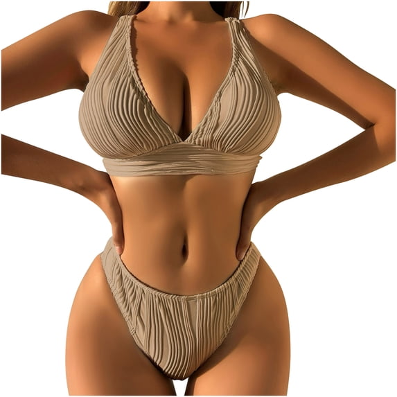 UTSJKR Women Two Piece Swimsuits Halter Triangle String Brazilian Bikini Sets Flattering Ruched High Cut Cheeky Thong Bathing Suit Coffee M