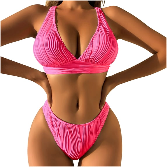 UTSJKR Women Two Piece Swimsuits Halter Triangle String Brazilian Bikini Sets Flattering Ruched High Cut Cheeky Thong Bathing Suit Hot Pink M