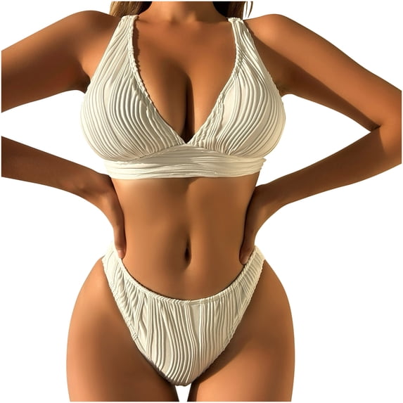 UTSJKR Women Two Piece Swimsuits Halter Triangle String Brazilian Bikini Sets Flattering Ruched High Cut Cheeky Thong Bathing Suit White L
