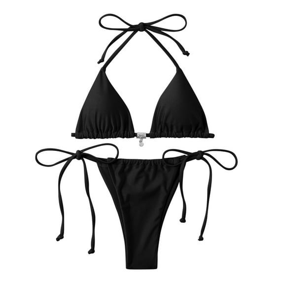 UTSJKR Women Two Piece Thong Bikini Set Summer Fashion Sexy Halter Triangle Swimsuit String Brazilian Bathing Suits Black L