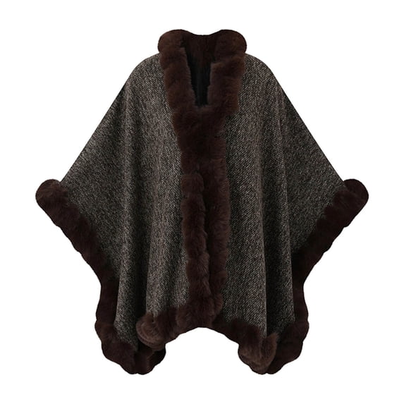 UTSJKR Women V Neck Faux Fur Trim Knit Poncho Cape Loose Open Front Wrap Shawl Coat for Evening and Daily Wear Coffee