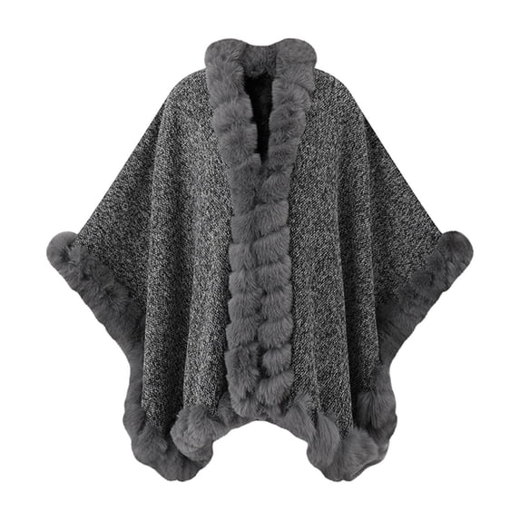 UTSJKR Women V Neck Faux Fur Trim Knit Poncho Cape Loose Open Front Wrap Shawl Coat for Evening and Daily Wear Dark Gray