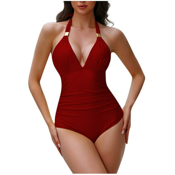 UTSJKR Women V Neck One Piece Swimsuits Tummy Control Ruched Swimwear Halter Bathing Suit Slimming 1 Piece Bikini Swimsuit Red 8-10