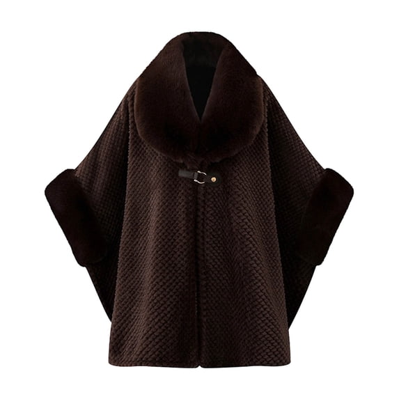 UTSJKR Women Waffle Textured Faux Fur Collar Cape Coat Buckle Closure Loose Poncho Jacket for Winter Cold Weather Brown