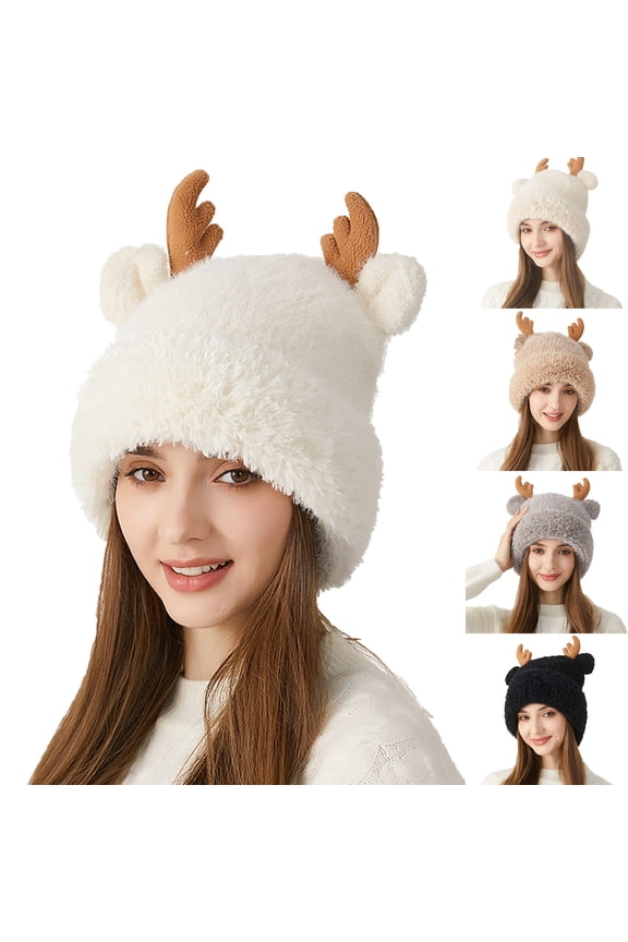 Women Warm Hat Cute Reindeer Antlers Knitted Winter Hats Crochet Earflap Knit Cap Beanie for Adults Kids Beige