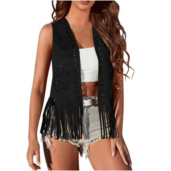UTSJKR Women Western Tassels Vest Tops 70s Hippie Faux Suede Fringe Vests Jacket Cardigan Open Front Rodeo Cowgirl Shirt Black M
