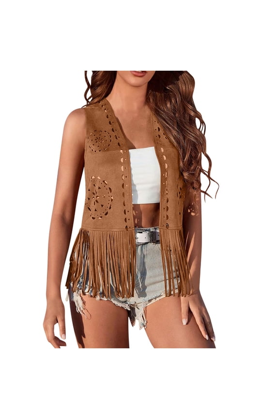 Women Western Tassels Vest Tops 70s Hippie Faux Suede Fringe Vests Jacket Cardigan Open Front Rodeo Cowgirl Shirt Brown XXL