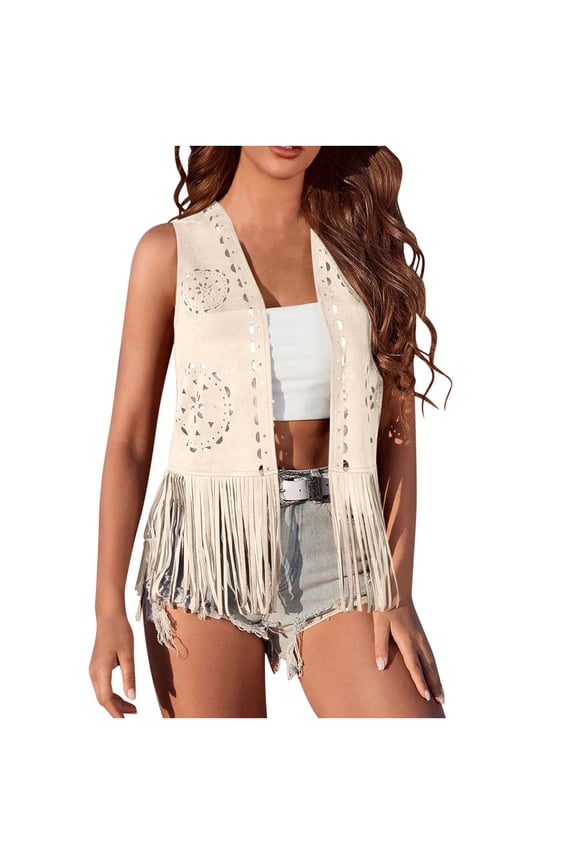 Women Western Tassels Vest Tops 70s Hippie Faux Suede Fringe Vests Jacket Cardigan Open Front Rodeo Cowgirl Shirt Khaki S