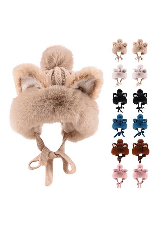 Women Winter Fluffy Knit Beanie Hats with Pompom Cute Fox Ear Faux Fur Skull Cap Earmuffs Woolen Hat Blue