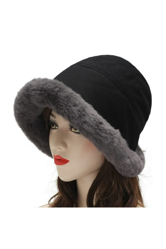 Women Winter Furry Bucket Hat Rolled Brim Faux Fur Cloche Hat with Fleece Lining Winter Plush Bucket Hat Black