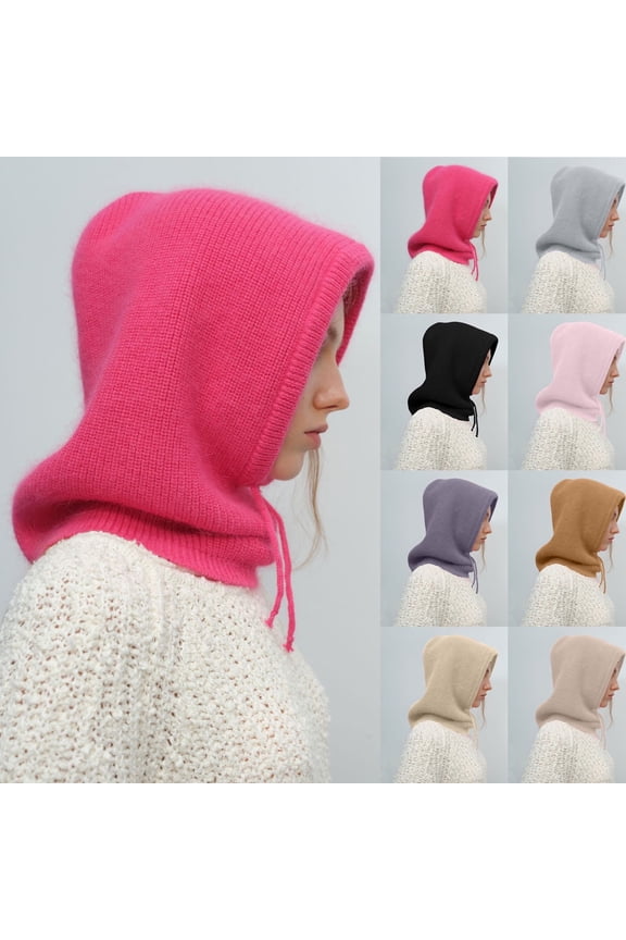 Women Winter Hat, Neck Warmers Hooded Scarf Beanie Hat Fashion Skull Cap Knitted Hat with Drawstring Dark Gray