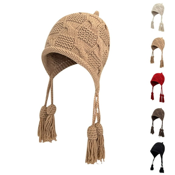 UTSJKR Women Winter Knit Earflap Hat Tassel Warm Hand Knitted Skiing Beanie Fashion Hedging Cap without Lining Beige M