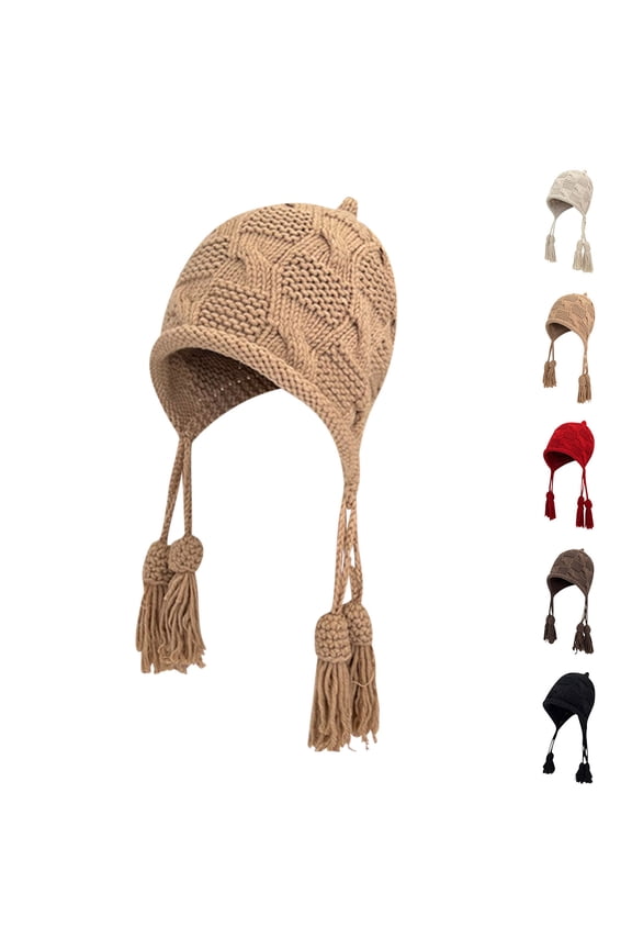 Women Winter Knit Earflap Hat Tassel Warm Hand Knitted Skiing Beanie Fashion Hedging Cap without Lining Beige M