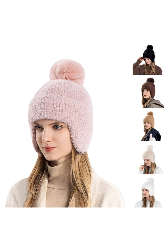 Women Winter Pompom Beanie Hats Warm Fleece Lined Cap Windproof Solid Comfy Hairball Hat Warm Knit Hats Windproof Cap Beige
