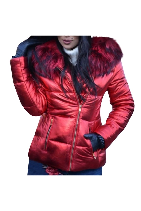 Women Winter Warm Down Jacket Hooded Outwear Stand Collar Long Sleeve Zip Up Overcoat Glossy Thicken Warm Parkas Puffer Jacket Coats Red XXXL