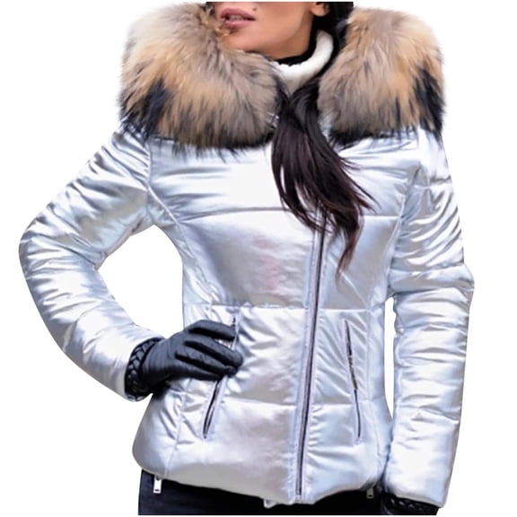 UTSJKR Women Winter Warm Down Jacket Hooded Outwear Stand Collar Long Sleeve Zip Up Overcoat Glossy Thicken Warm Parkas Puffer Jacket Coats Silver S