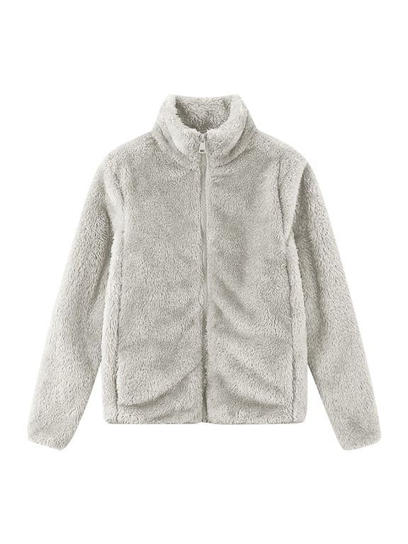 Women Winter Warm Fuzzy Fleece Jackets Stand Collar Long Sleeve Zip Up Fluffy Outwear Coat Plus Size Oversized Thickening Sherpa Sweatshirt White S