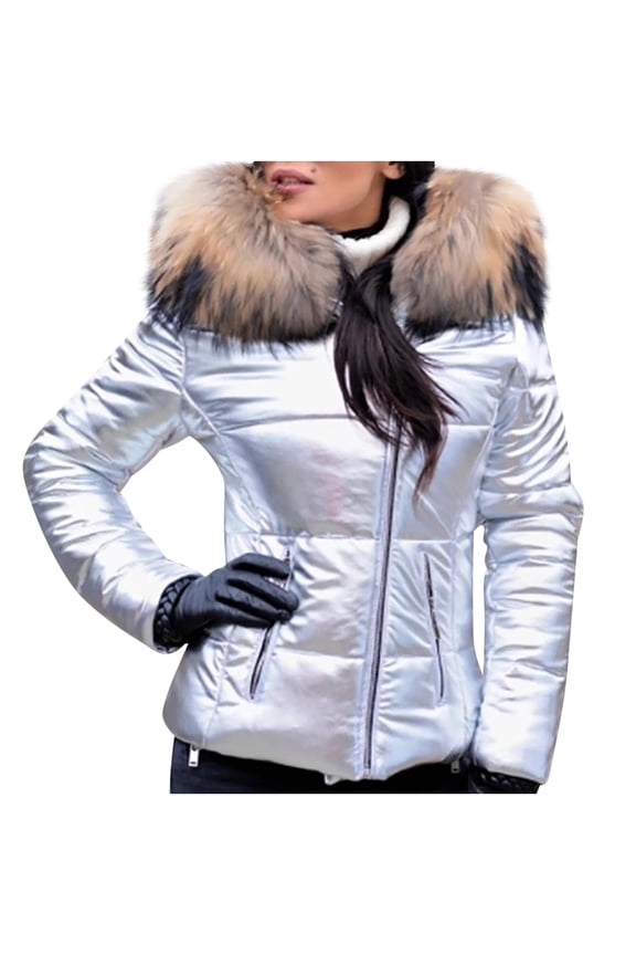 Women Winter Warm Down Jacket Hooded Outwear Stand Collar Long Sleeve Zip Up Overcoat Glossy Thicken Warm Parkas Puffer Jacket Coats Silver XXXL