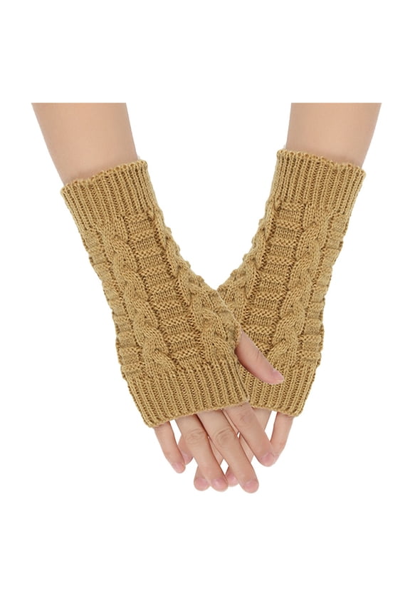 Women Winter Warm Knit Gloves Hand Crochet Thumbhole Arm Warmers Mittens Solid Color Half Finger Knitted Cold Weather Yellow