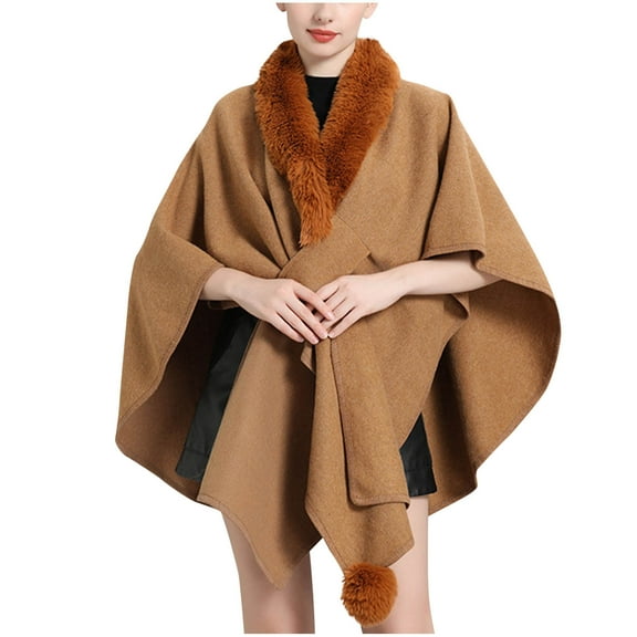 UTSJKR Women Winter Warm Shawl Wrap Faux Fur Trim Cape Cloak Evening Party Loose Fit Poncho Cardigan Sweater Brown Free Size