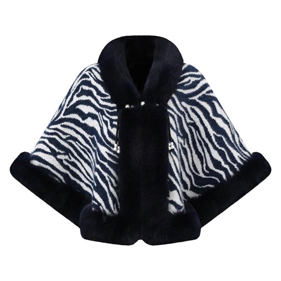 UTSJKR Women Zebra Print Faux Fur Trim Cape Coat V Neck Open Front Warm Poncho Jacket for Autumn Winter Casual Outfit Navy