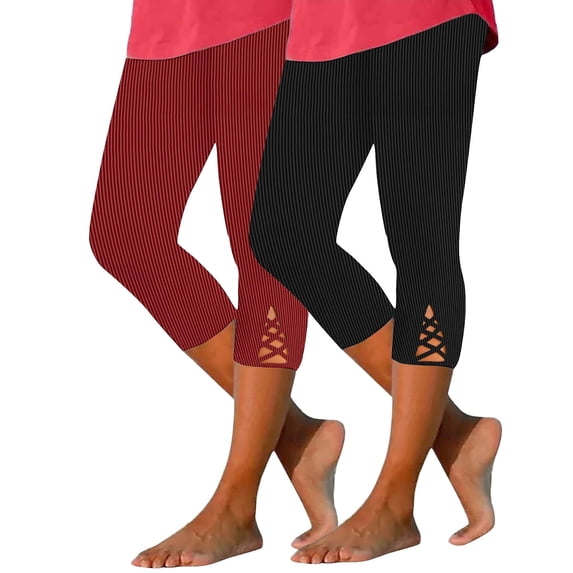 UTSJKR Women's 2 Pack Casual Capri Leggings Hollow out Cross Bandage Workout Yoga Pants Stretch Tummy Control 3/7 Length Pants Multicolor M